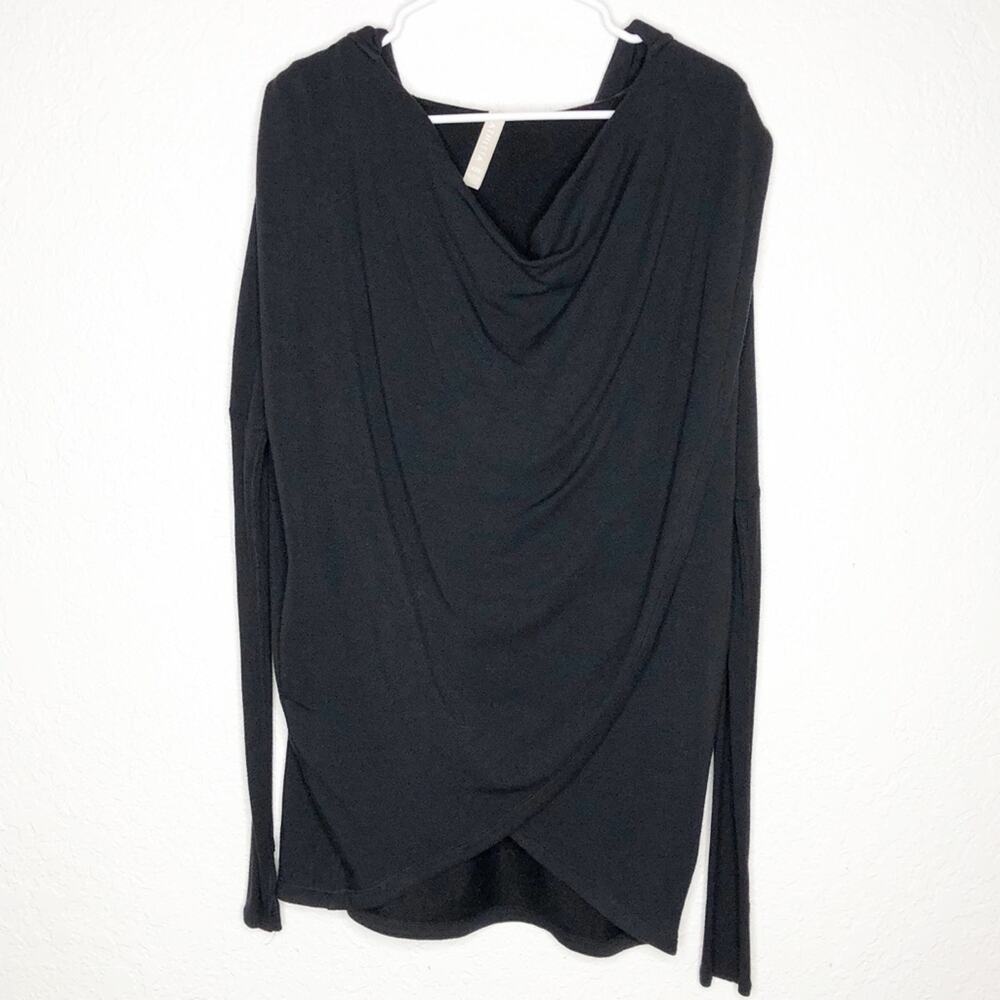 Athleta black hooded layered wrap front long sleeve top size XXS